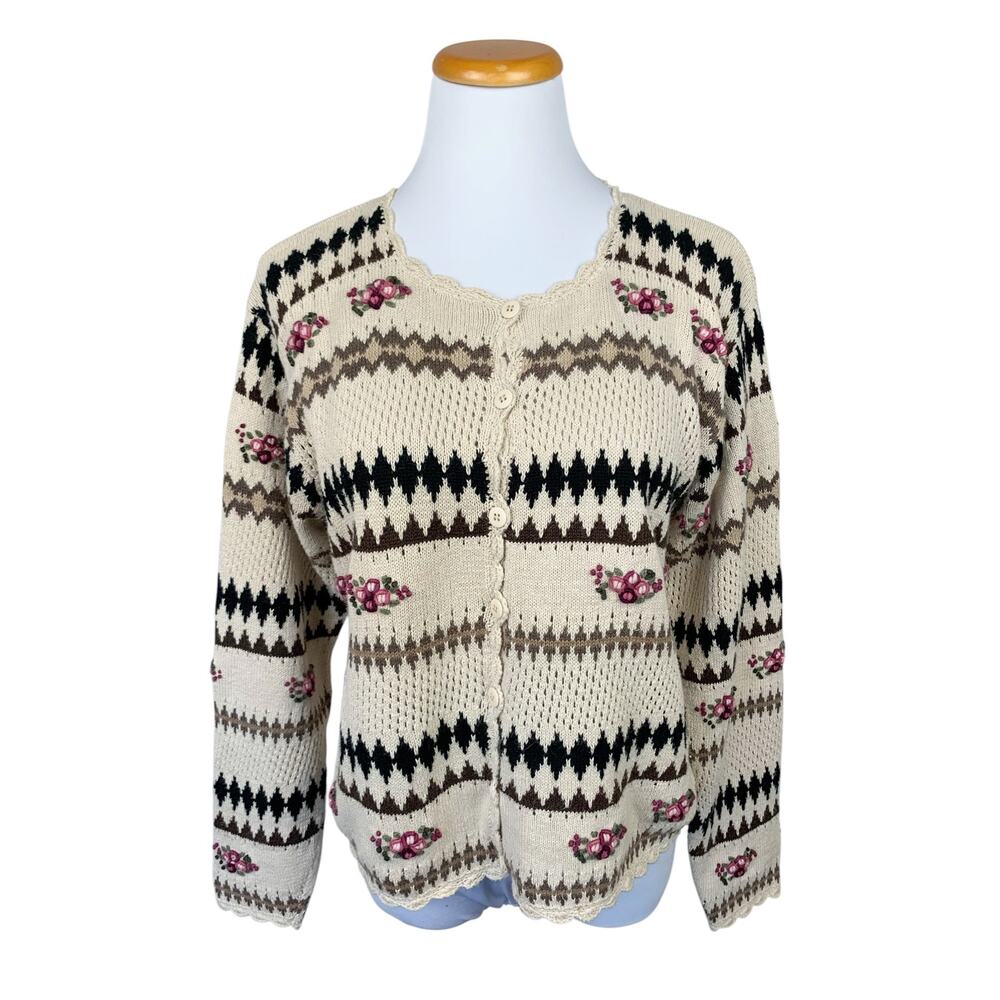 Vintage Lise J Cardigan Sweater Biege Pink Floral Button Front Women's L Cottage
